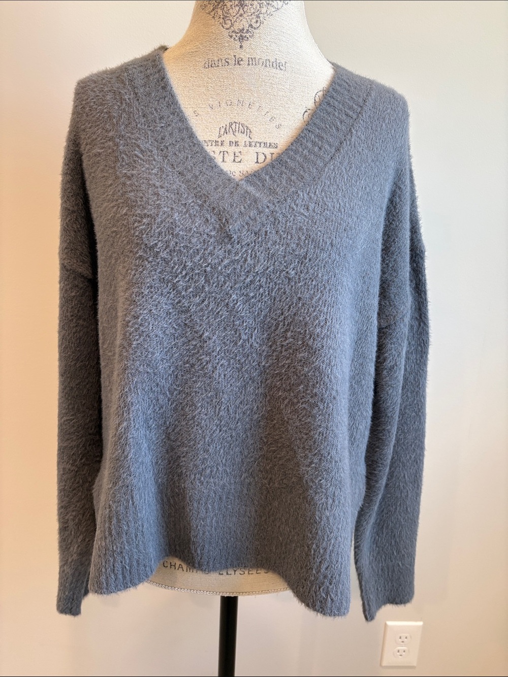 Another Love V-Neck Fuzzy Sweater in Dusty Blue